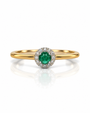 9ct yellow gold dress ring with round green emerald and diamond halo