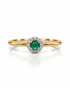 9ct yellow gold dress ring with round green emerald and diamond halo