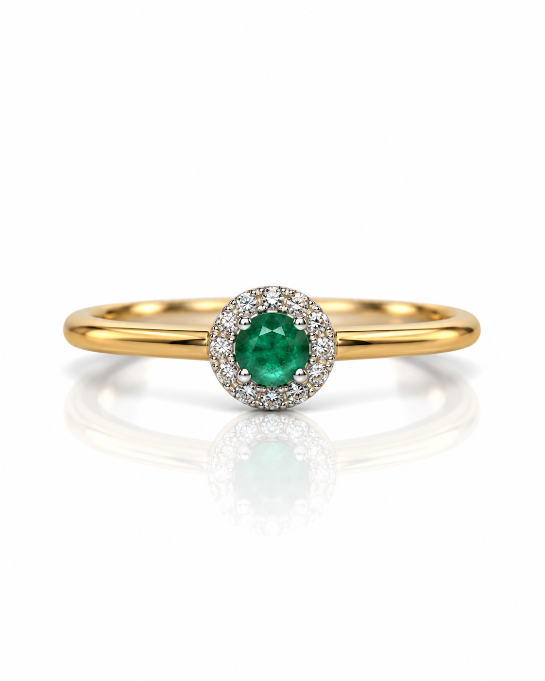 9ct yellow gold dress ring with round green emerald and diamond halo