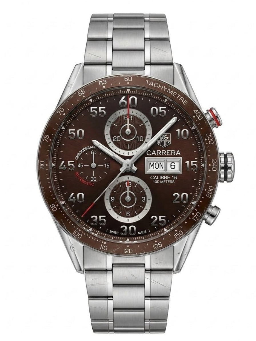 TAG Heuer Carrera CV2A12.BA0796 automatic chronograph with brown dial, stainless steel bracelet, and brown tachymetre bezel