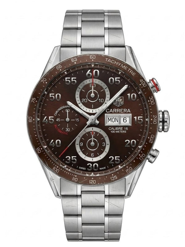 TAG Heuer Carrera CV2A12.BA0796 automatic chronograph with brown dial, stainless steel bracelet, and brown tachymetre bezel