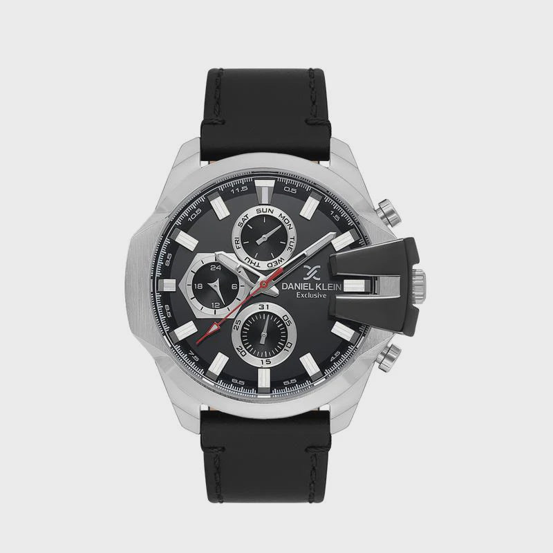 Daniel Klein Exclusive DK113849-1 multifunction chronograph watch with black dial, stainless steel case, and black leather strap