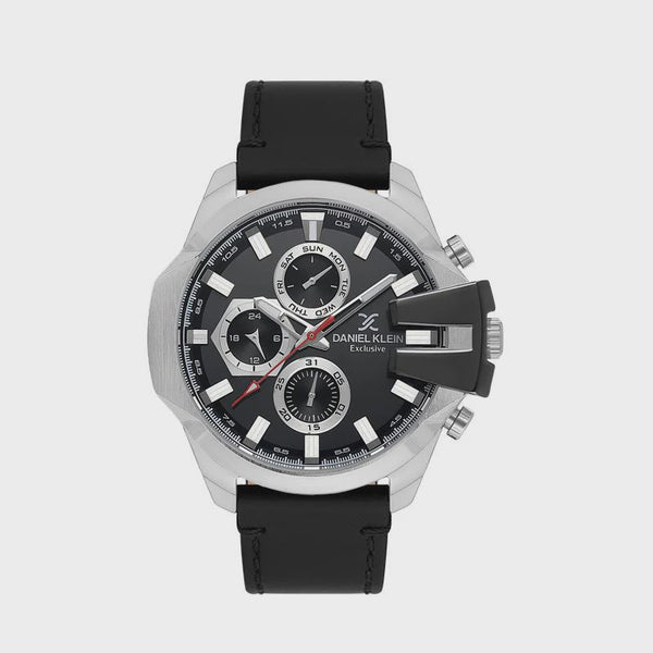 Daniel Klein Exclusive DK113849-1 multifunction chronograph watch with black dial, stainless steel case, and black leather strap