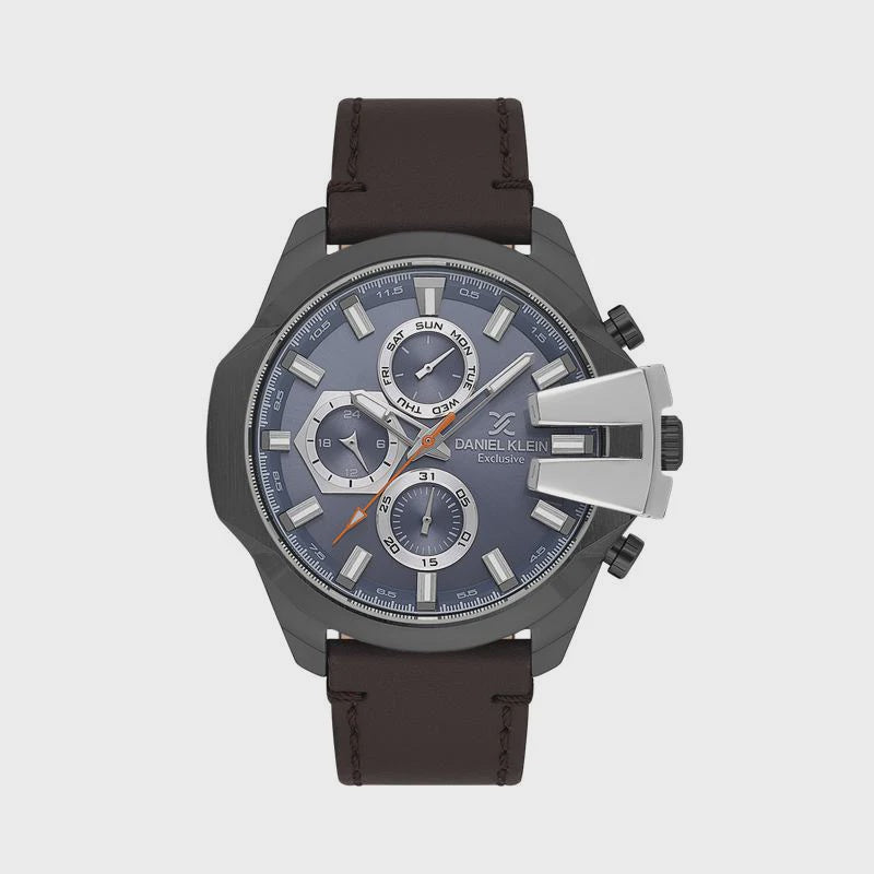 Daniel Klein Exclusive DK113849-3 men's chronograph watch with 45mm black case, grey multi-layer dial, three sub-dials, and brown leather strap
