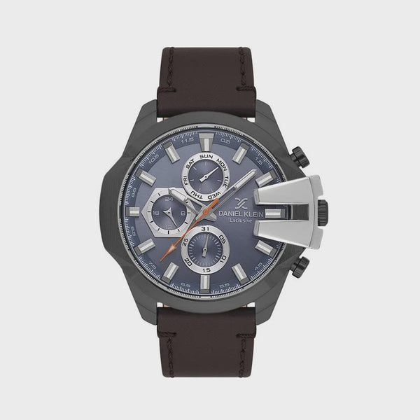 Daniel Klein Exclusive DK113849-3 men's chronograph watch with 45mm black case, grey multi-layer dial, three sub-dials, and brown leather strap