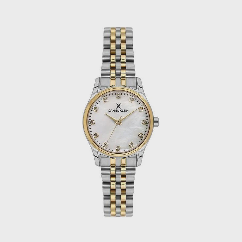 Daniel Klein DK1.13914-4 ladies two-tone quartz watch with mother-of-pearl dial and crystal indices on stainless steel bracelet