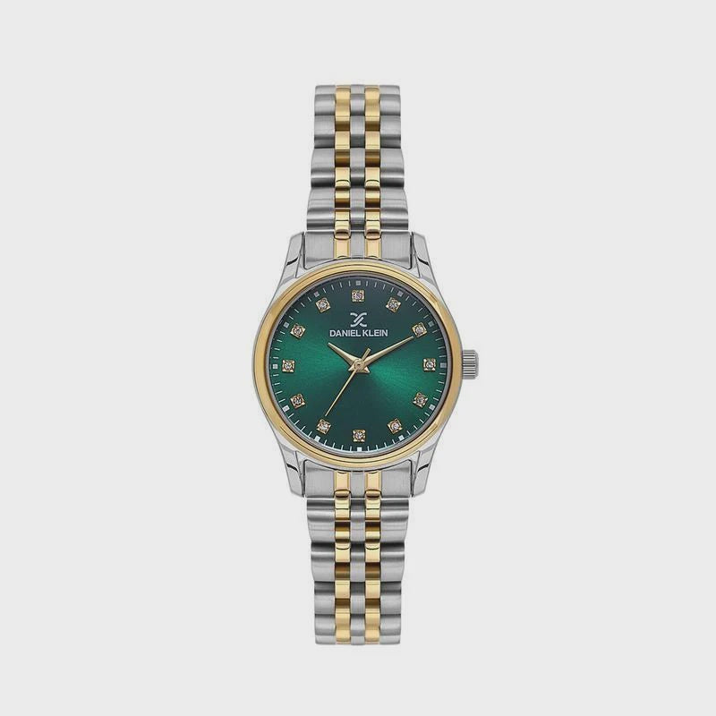 Daniel Klein DK1.13914-5 ladies quartz watch with emerald green dial, diamond hour markers, and two-tone stainless steel bracelet on white background