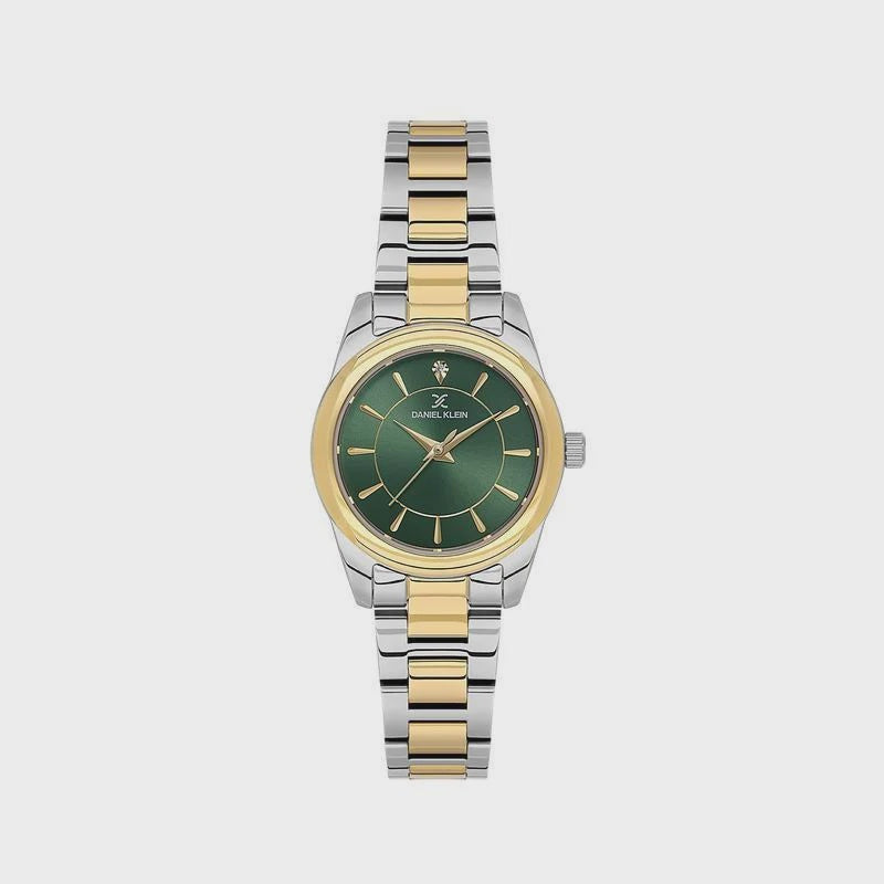 Daniel Klein DK1.13929-5 ladies quartz watch with green sunray dial and two-tone stainless steel bracelet