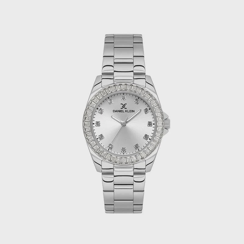 Daniel Klein DK.1.13950-1 ladies quartz watch with silver sunray dial, baguette-cut stone-set bezel, and stainless steel bracelet