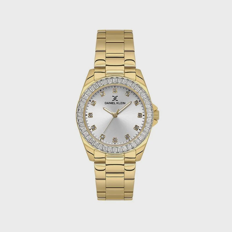 Daniel Klein DK.1.13950-2 ladies quartz watch with silver sunray dial, gold-tone case and bracelet, and crystal stone-set bezel