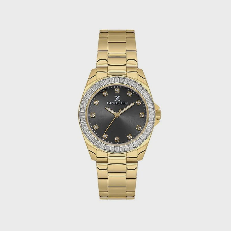 Daniel Klein DK1.13950-3 ladies quartz watch with black sunray dial, crystal-set bezel, and gold-tone stainless steel bracelet