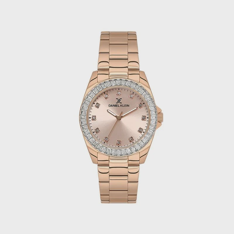 Daniel Klein DK1.13950-6 ladies watch with crystal-set bezel, rose gold sunray dial, and rose gold stainless steel bracelet on white background