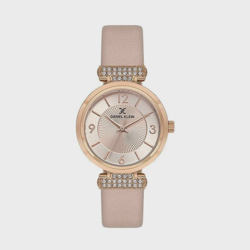 Daniel Klein DK1.13967-5 ladies rose gold quartz watch with champagne sunray dial, crystal-set lugs and blush leather strap
