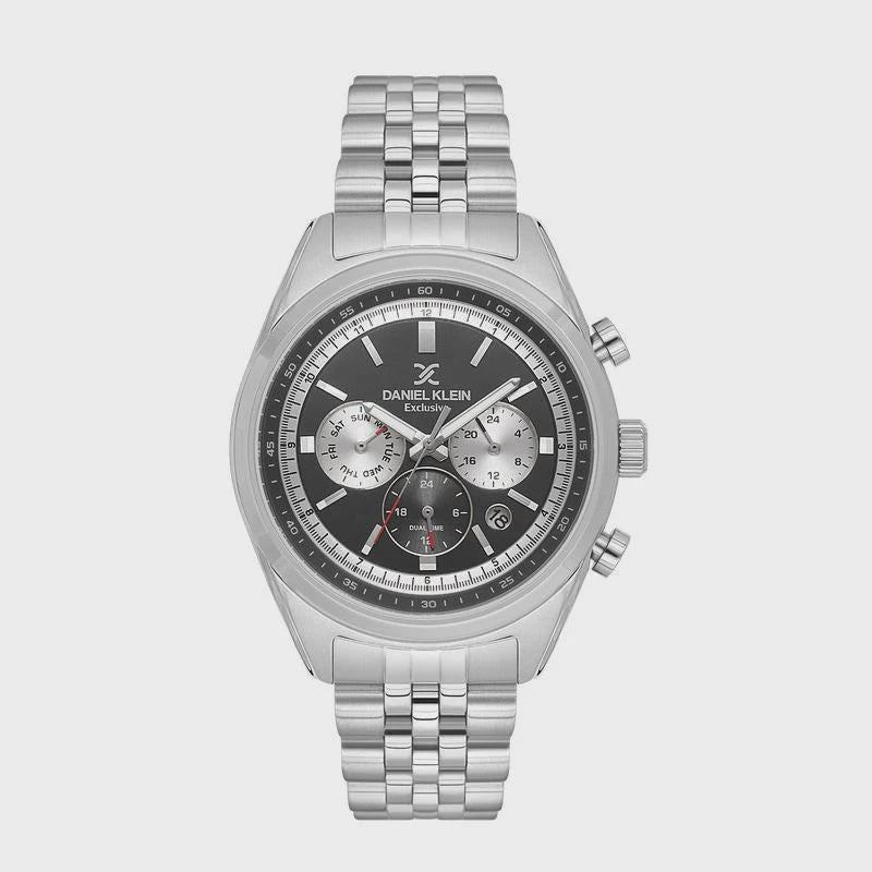 Daniel Klein DK.1.13976-1 chronograph watch with grey dial and stainless steel bracelet on white background