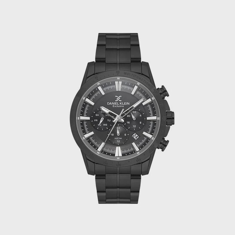 Daniel Klein DK1.14005-1 chronograph watch with black ion-plated stainless steel case and bracelet, anthracite dial, three sub-dials, and date window