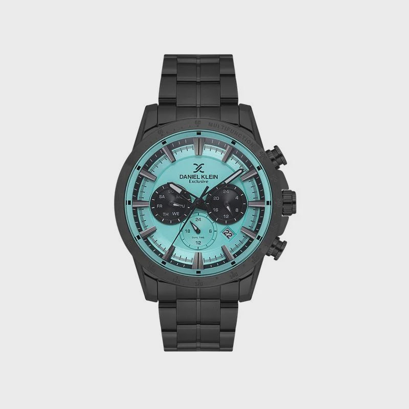 Daniel Klein Exclusive chronograph watch with turquoise dial, black ion-plated case and bracelet, showing three sub-dials and luminous markers