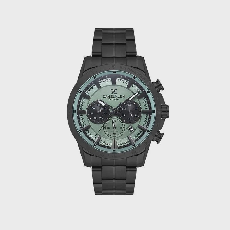 Daniel Klein Exclusive DK1.14005-3 chronograph watch with grey-green gradient dial and black ion-plated stainless steel case and bracelet