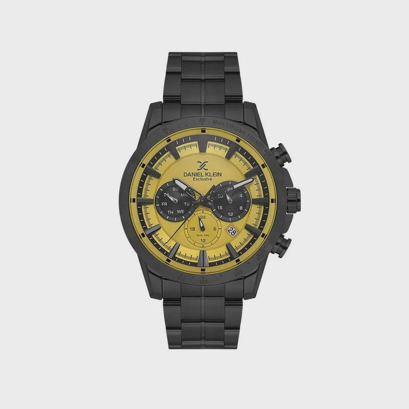 Daniel Klein Exclusive DK.1.14005-4 chronograph watch with yellow dial, black case, and stainless steel bracelet on grey background