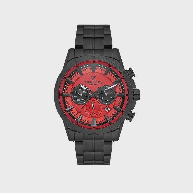 Daniel Klein Exclusive DK.1.14005-5 men's chronograph watch with 54mm black ion-plated stainless steel case, red multi-layer dial with three black subdials, and matching black bracelet