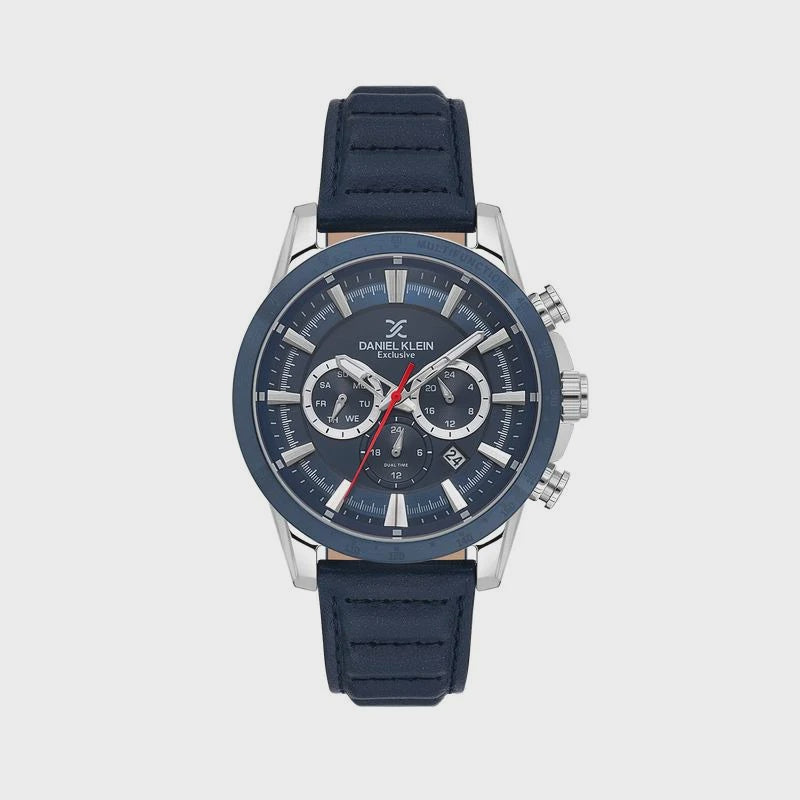 Daniel Klein Exclusive DK1.14006-2 chronograph watch with blue dial, stainless steel case, ceramic bezel, and blue leather strap