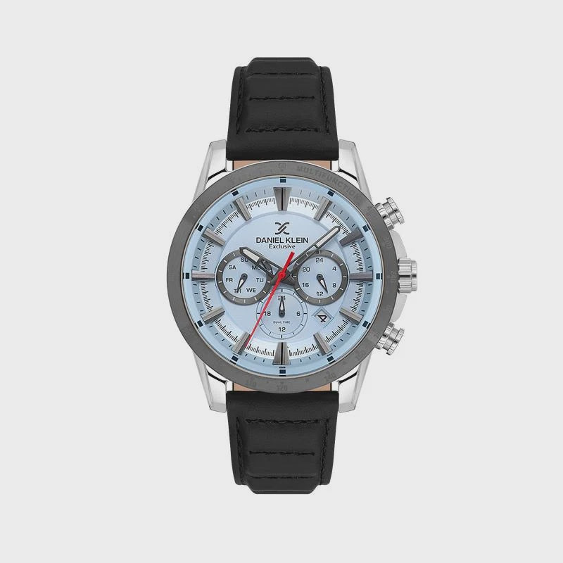 Daniel Klein Exclusive DK1.14006-3 chronograph watch with ice-blue dial, two-tone stainless steel case with gunmetal bezel, and black embossed rubber strap