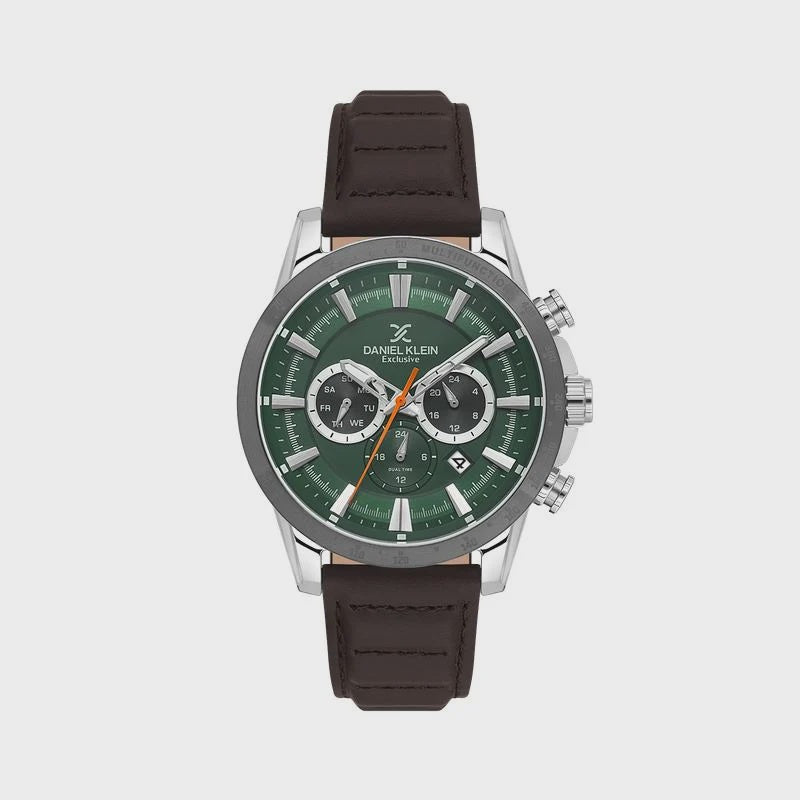 Daniel Klein Exclusive DK.1.14006-4 men's chronograph watch with green dial, 45mm stainless steel case, dark brown leather strap, and silver-tone hands