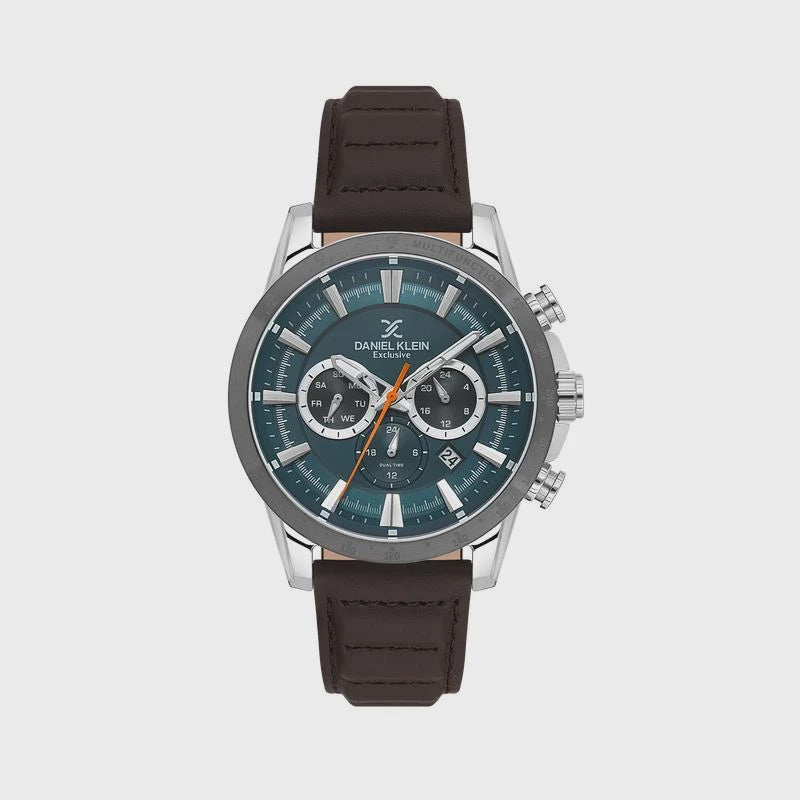 Daniel Klein Exclusive DK1.14006-5 men's chronograph watch with 44mm stainless steel case, green sunburst dial with applied indices, three sub-dials, date window, and brown leather strap with stitching
