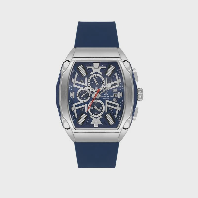 Daniel Klein DK.1.14028-2 men's tonneau chronograph watch with blue skeletal dial, stainless steel case, and blue silicone strap