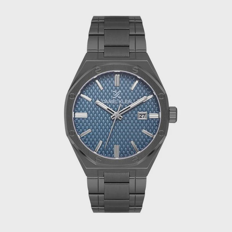 Daniel Klein DK.1.14081-5 men's quartz watch with octagonal gunmetal stainless steel case, textured blue dial, date display, and integrated gunmetal bracelet