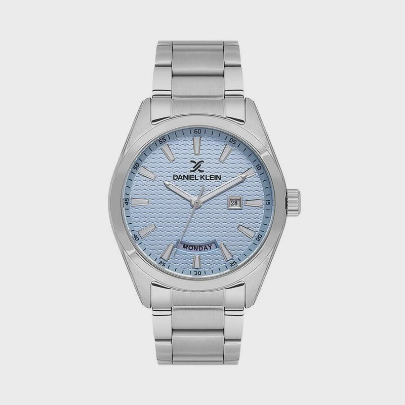 Daniel Klein DK1.14087-4 quartz watch with light blue wave pattern dial, day-date display, and stainless steel bracelet