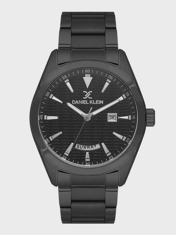 Daniel Klein DK.1.14087-5 men's quartz watch with black embossed dial, silver-toned indices, day-date complication, and IP black stainless steel bracelet