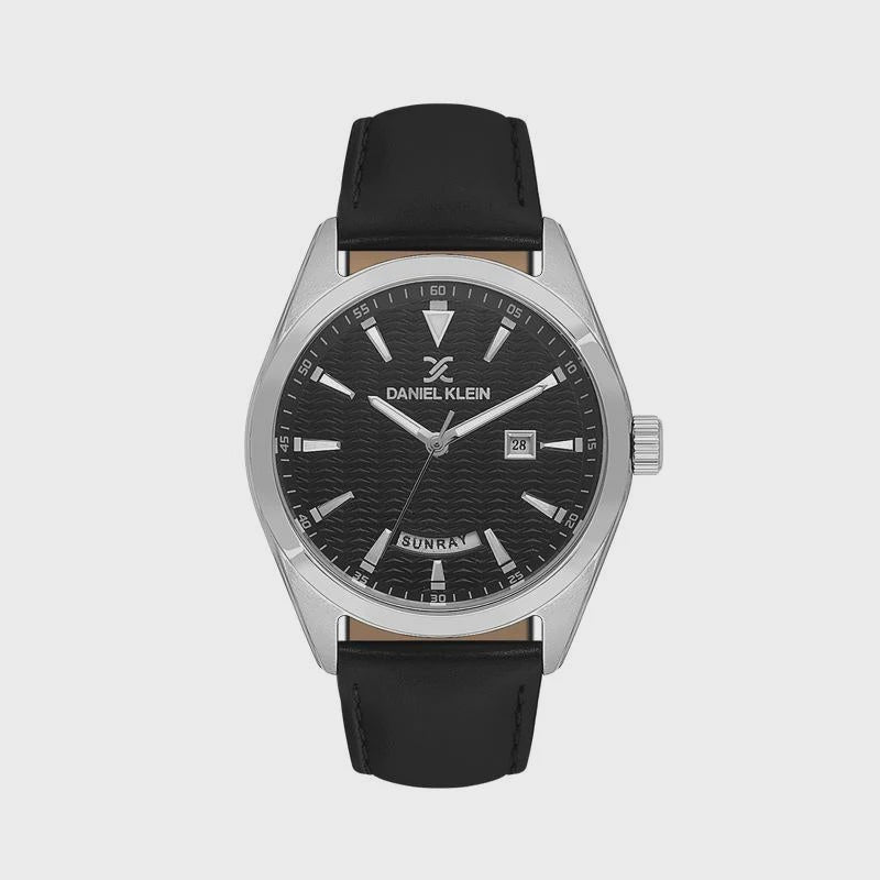 Daniel Klein DK1.14088-1 quartz watch with sunray black dial, stainless steel case, and black leather strap