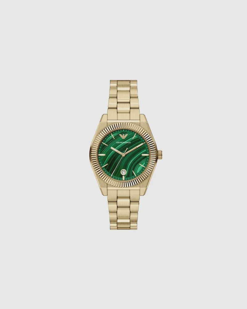 Emporio Armani Federico AR11759 quartz watch with green malachite-patterned dial and gold-tone stainless steel bracelet on white background
