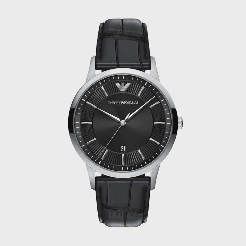 Emporio Armani Archetipo AR11826 black sunray dial watch with steel case and leather strap
