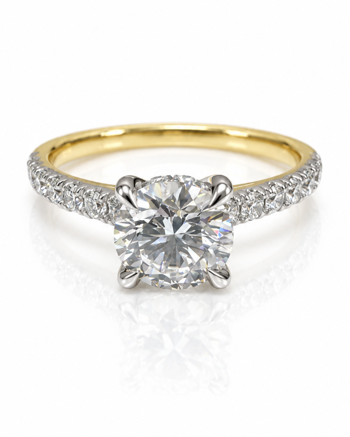 9ct yellow gold engagement ring with 1.30ct round lab grown diamond in white gold four-claw setting and pavé diamond shoulders