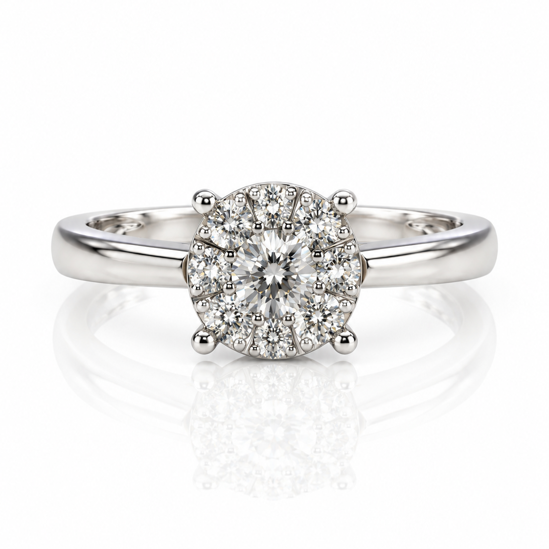 9ct White Gold cluster engagement ring with round diamonds and polished tapered band