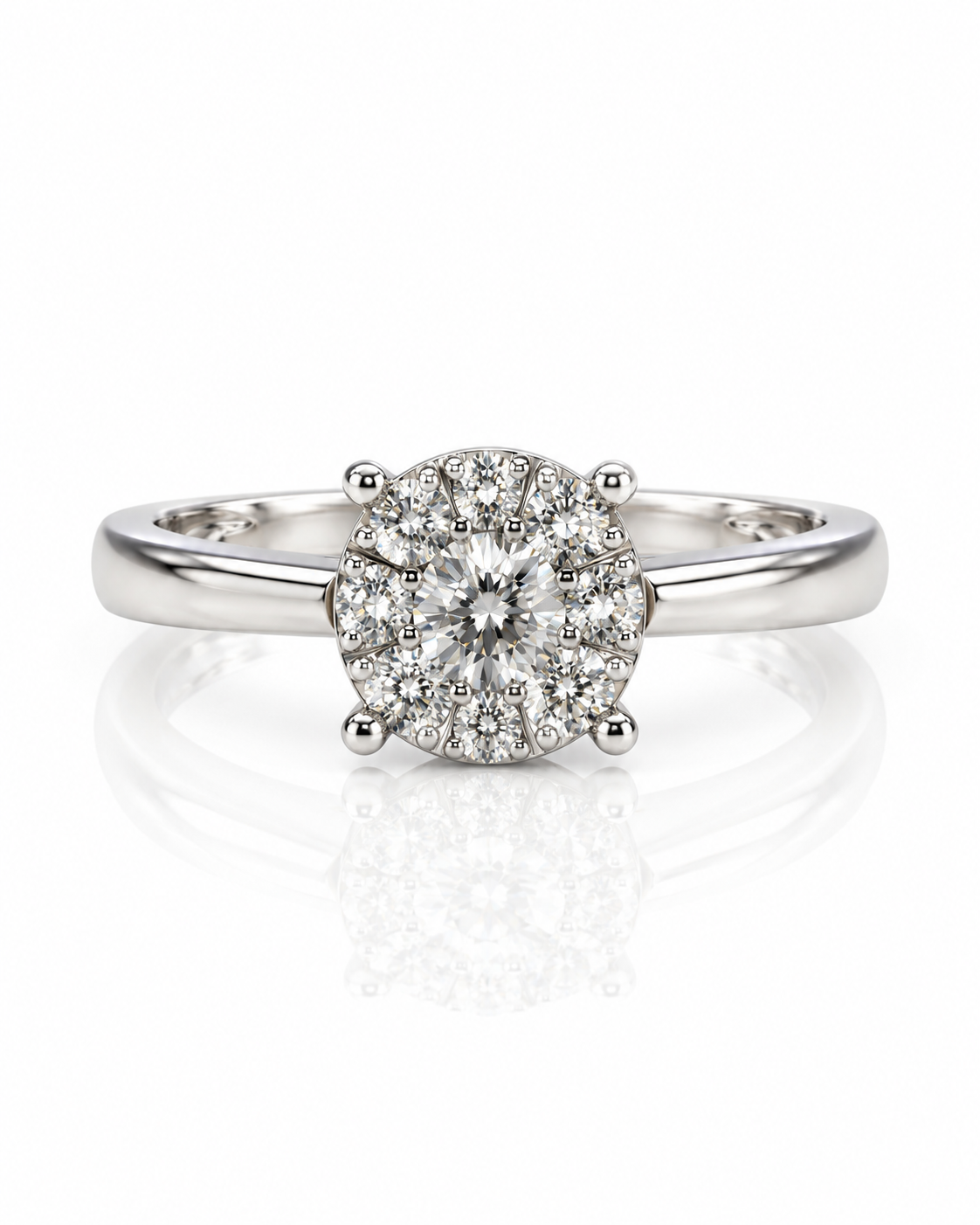 9ct White Gold cluster engagement ring with round diamonds and polished tapered band
