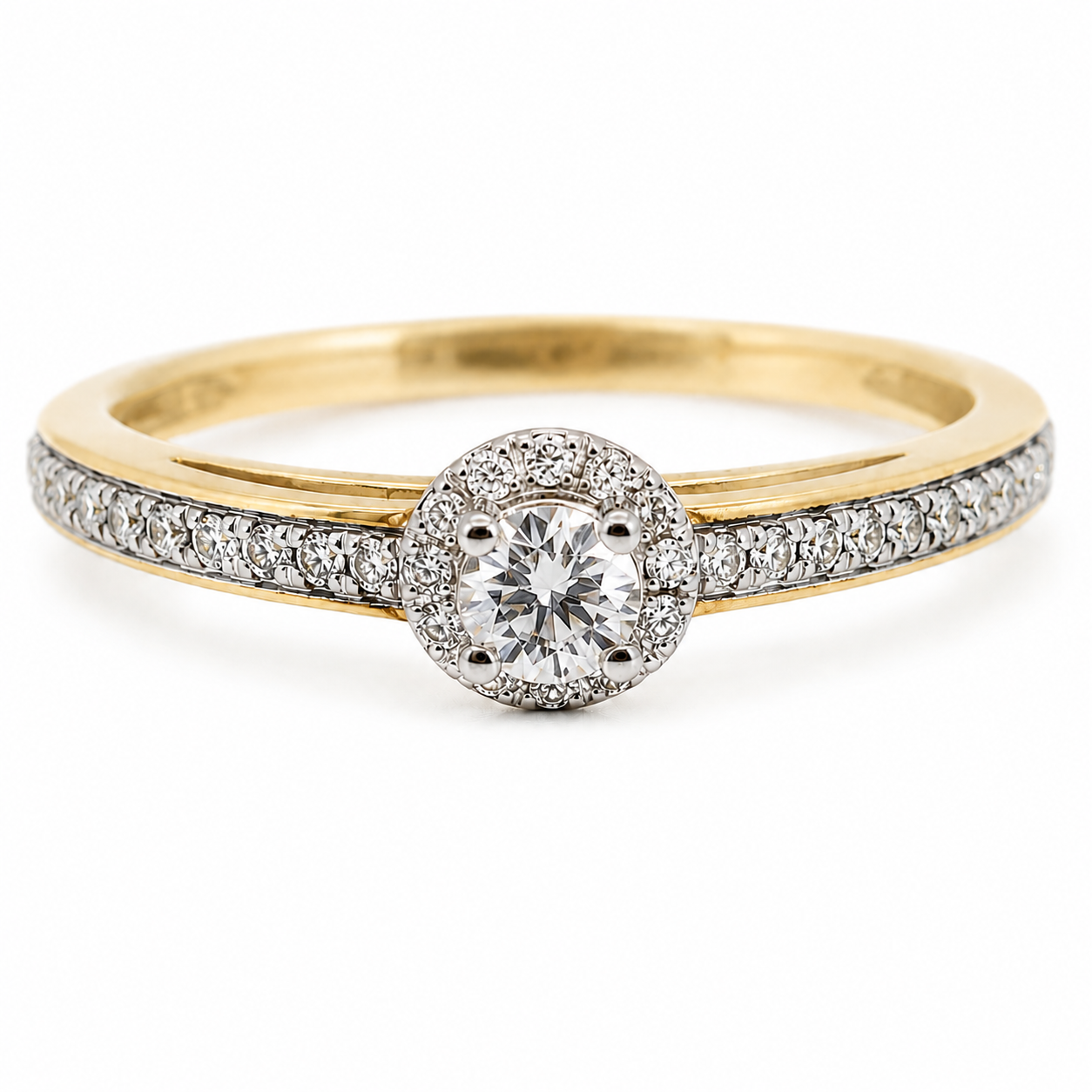 9ct yellow gold round halo diamond engagement ring with pavé set band by Cassim & Co Johannesburg