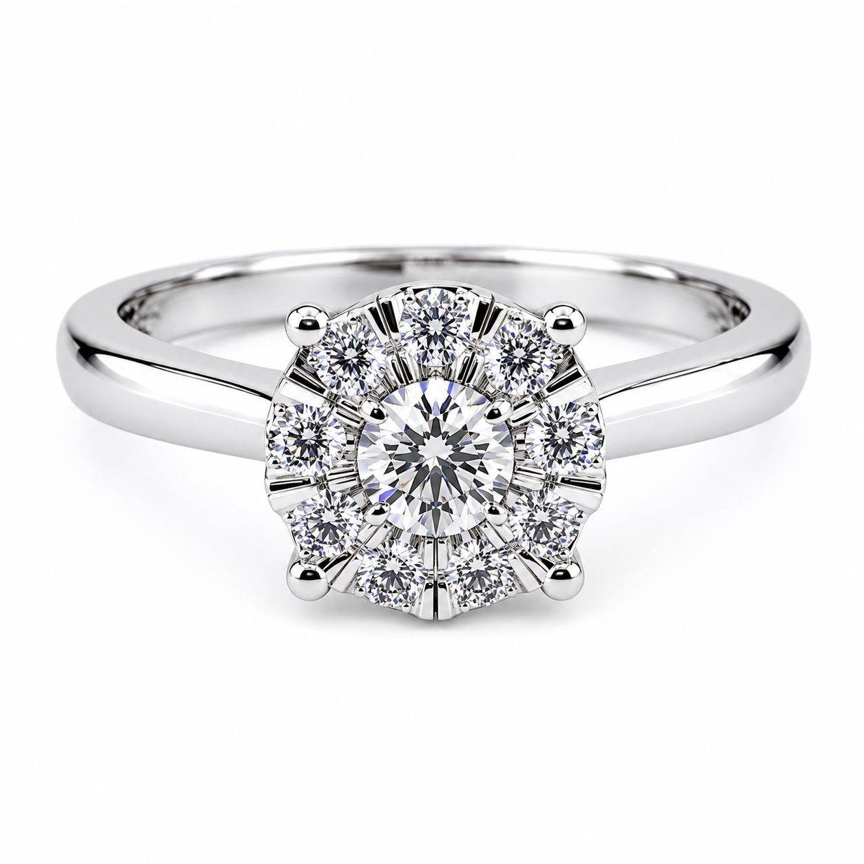9ct white gold round brilliant diamond cluster engagement ring with halo setting on white background
