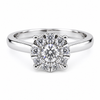 9ct white gold round brilliant diamond cluster engagement ring with halo setting on white background