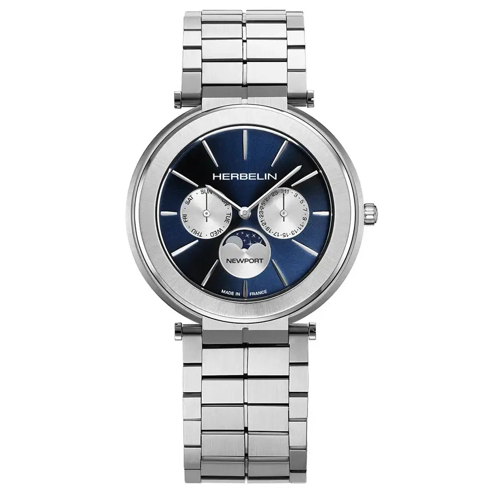 Blue sunray dial with moonphase, date and silver-toned sub-dials on steel watch