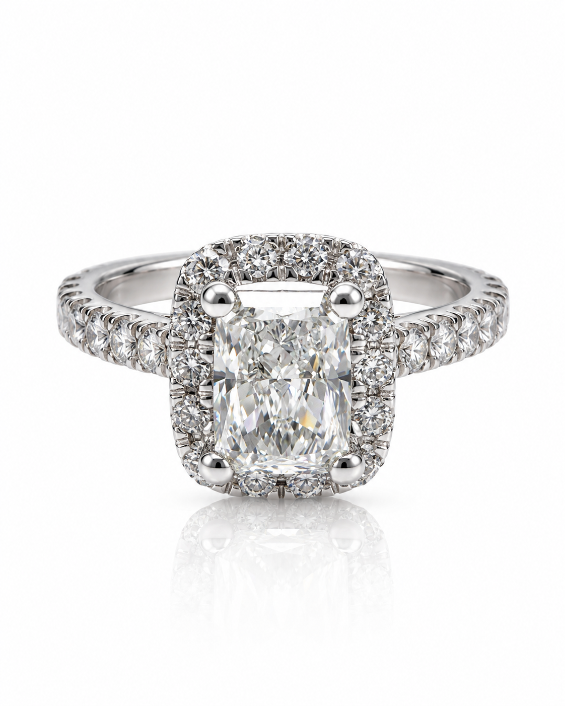 9ct white gold engagement ring with 2.1ct radiant cut lab grown diamond halo setting and pavé band from Cassims & Co.