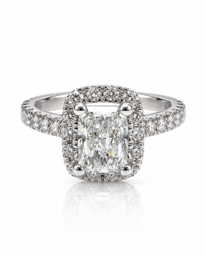 9ct White Gold 2.1ct Radiant Cut Lab Grown Diamond Halo Engagement Ring (LR54)