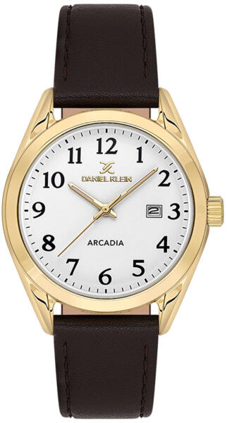 Daniel Klein Arcadia DK113692-3 quartz watch with white dial, gold-tone case, Arabic numerals, and brown leather strap on white background
