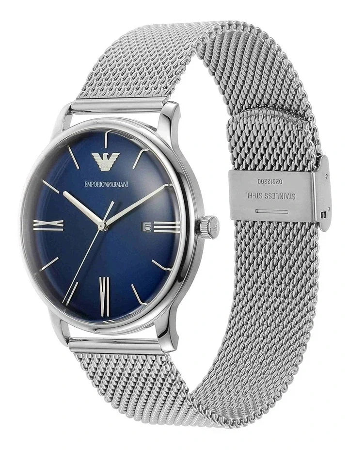 Emporio Armani Minimalist Quartz Blue Sunray Dial Stainless Steel Mesh Watch 42mm (AR11571)