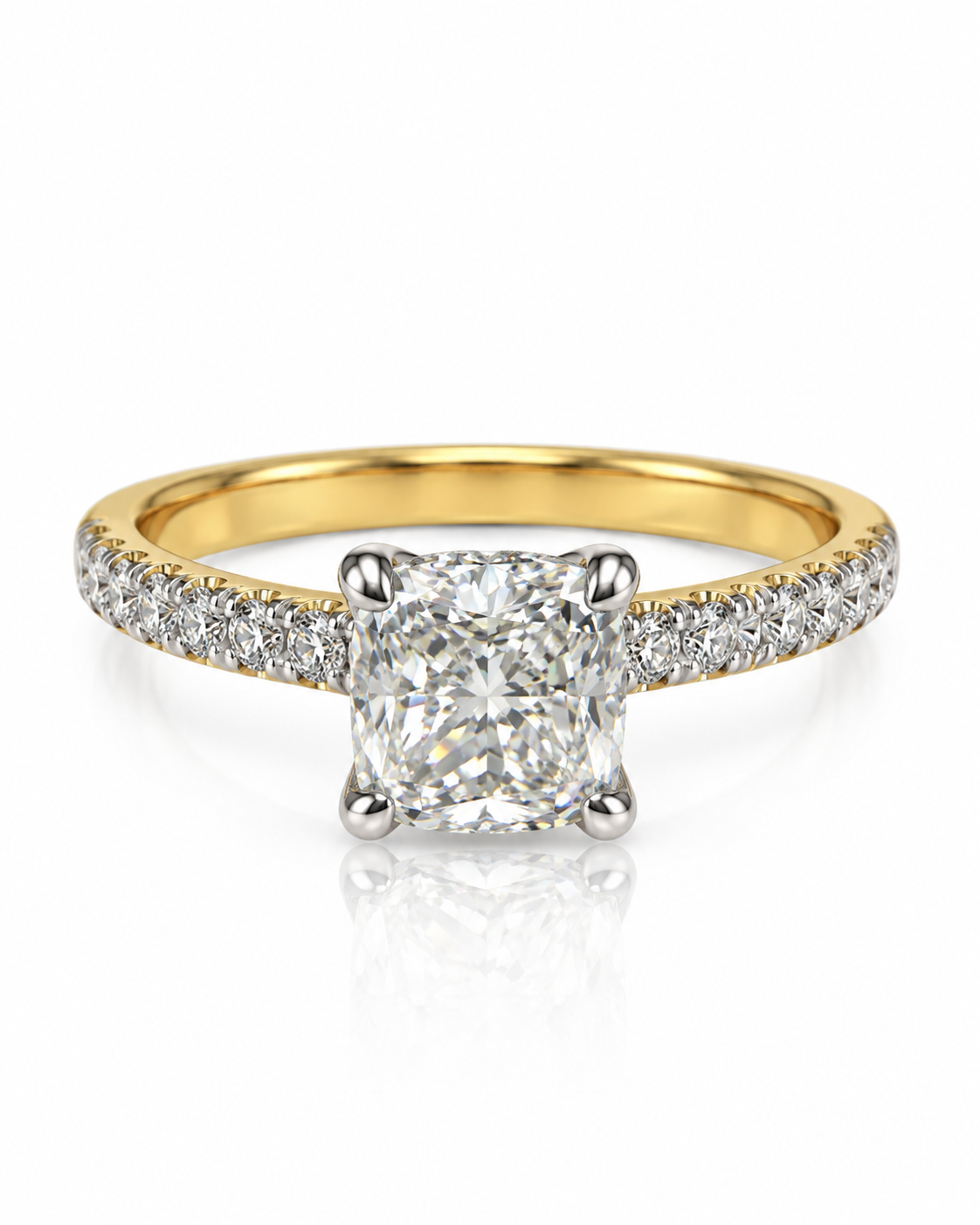 9ct yellow gold engagement ring with 1.30ct cushion cut lab grown diamond in white gold claws and diamond shoulders from Cassims & Co.