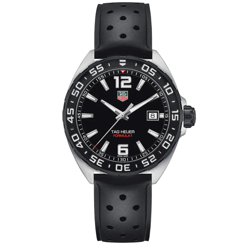 TAG Heuer Formula 1 WAZ1110 pre-owned black dial stainless steel quartz watch with perforated rubber strap and titanium carbide bezel