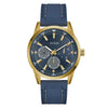 Guess Peak GW0964G2 men's quartz watch with 44mm gold-tone stainless steel case, blue multifunction dial, and blue silicone strap
