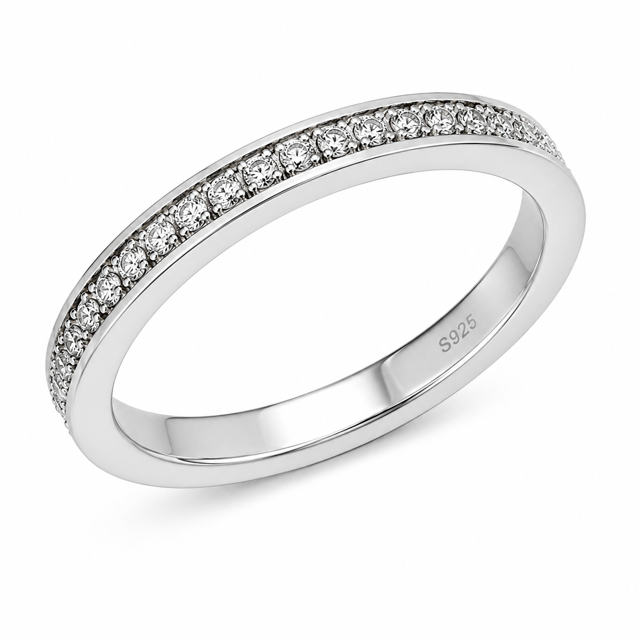 Sterling silver moissanite full eternity ring with pavé setting on white background showing S925 hallmark