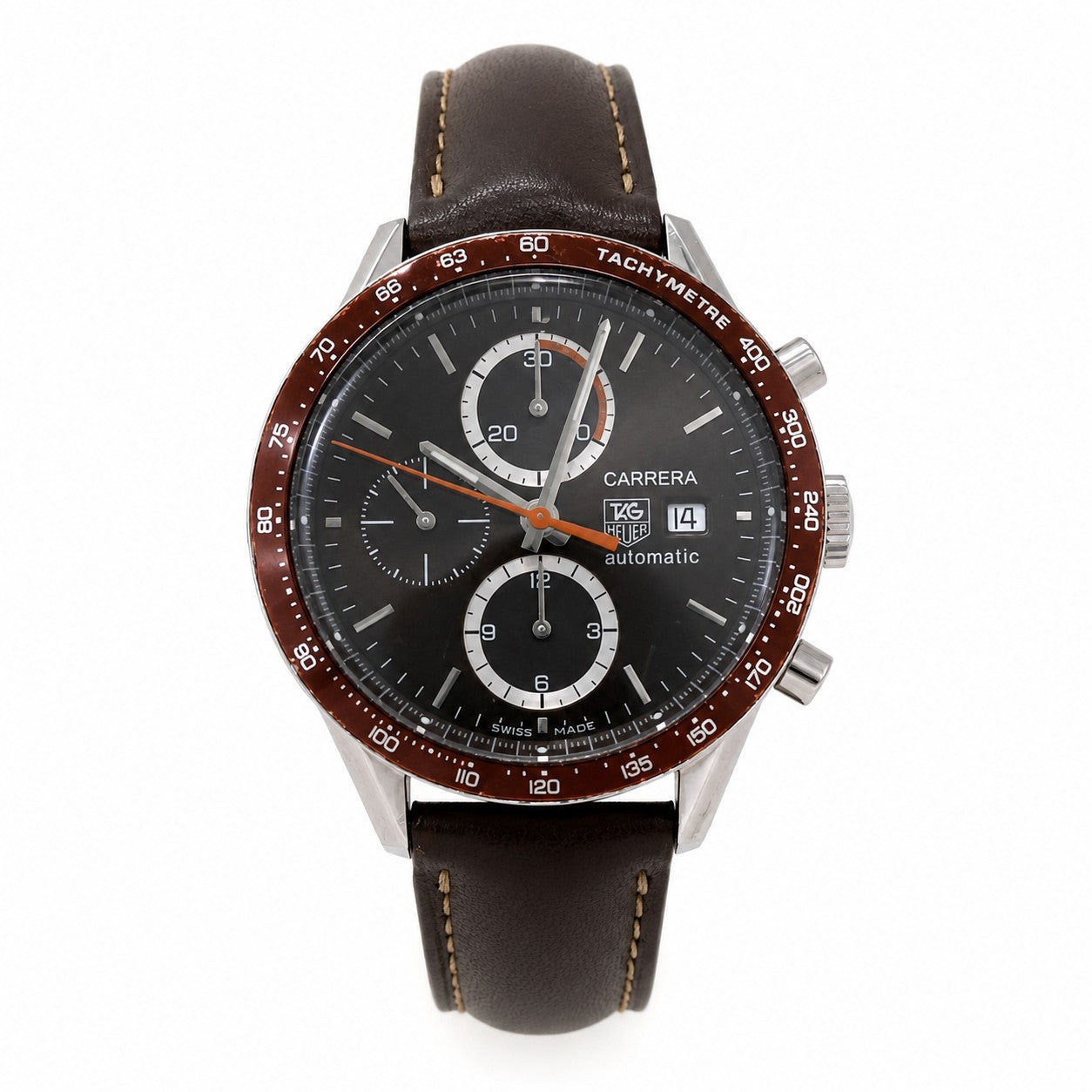 TAG Heuer Carrera Chronograph CV2013 automatic watch with brown dial, stainless steel case, and leather strap on white background